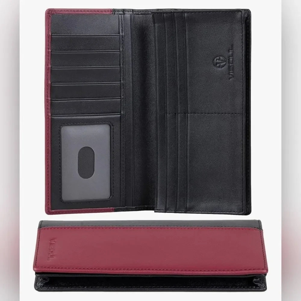 🩵⏭️NIB Black & Burgundy Italian Leather RFID Blocking Long Bi-Fold Wallet